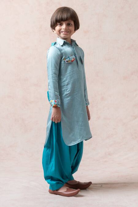 Thetaa_Sky Blue Cotton, Viscose, Silk Embroidery Pocket Print Pathani Kurta Set_Online_at_Aza_Fashions