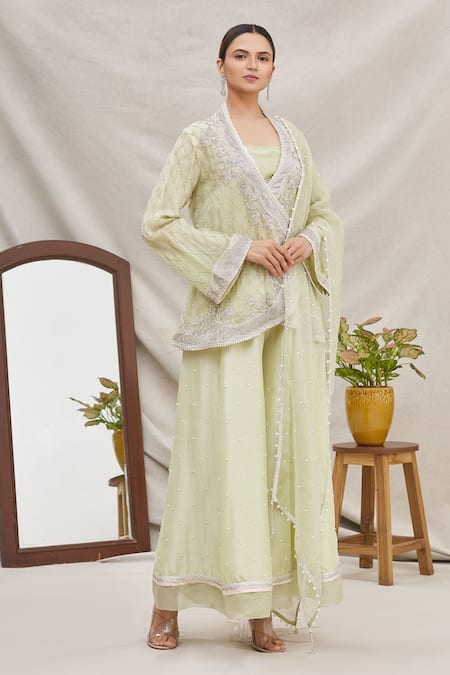 Ekta Singh Green Silk V Neck Organza Jacket And Gharara Set  