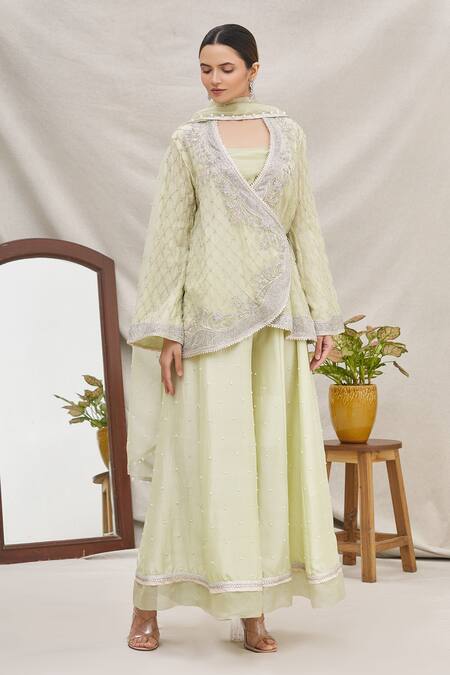 Ekta Singh_Green Silk, Organza V Neck Jacket And Gharara Set _Online_at_Aza_Fashions