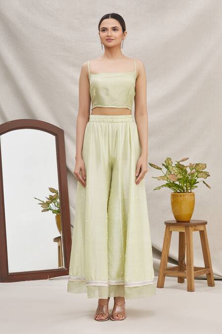 Buy_Ekta Singh_Green Silk, Organza V Neck Jacket And Gharara Set _Online_at_Aza_Fashions