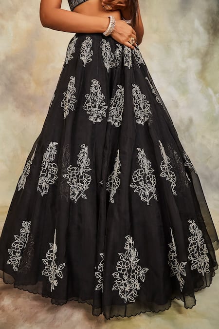 Sue Mue Black Organza Round Embroidered Lehenga Set at Aza Fashions Sue Mue_Black Organza Round Embroidered Lehenga Set _at_Aza_Fashions