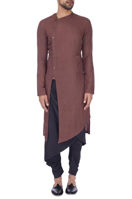 Shop_Antar Agni_Grey Linen Blend Layered Kurta _Online_at_Aza_Fashions