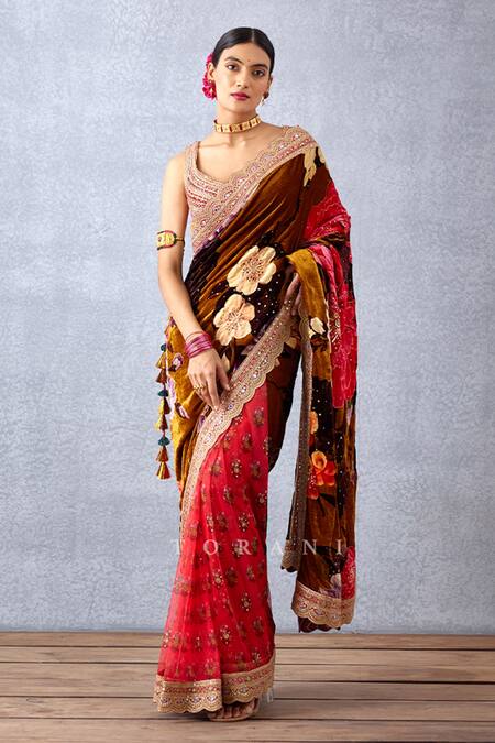 Torani_Yellow Velvet, Slub And Crepe Digital Aftaabi Rabia Makhmal Saree _Online_at_Aza_Fashions