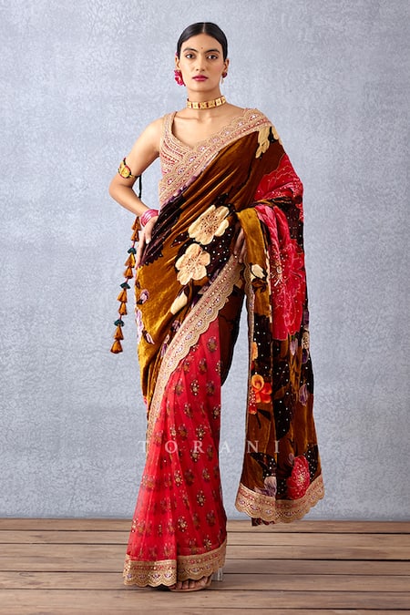 Buy_Torani_Yellow Velvet, Slub And Crepe Digital Aftaabi Rabia Makhmal Saree _Online_at_Aza_Fashions