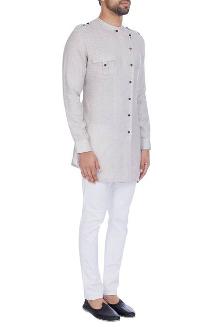 Khanijo_Beige Linen Embroidered Checks Checkered Kurta  _Online_at_Aza_Fashions