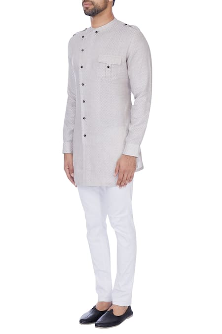 Buy_Khanijo_Beige Linen Embroidered Checks Checkered Kurta  _Online_at_Aza_Fashions