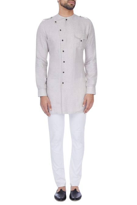 Shop_Khanijo_Beige Linen Embroidered Checks Checkered Kurta  _Online_at_Aza_Fashions