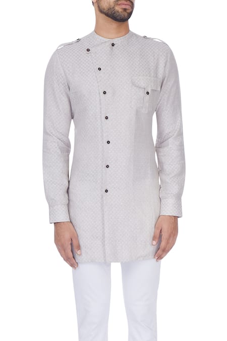 Khanijo_Beige Linen Embroidered Checks Checkered Kurta  _at_Aza_Fashions