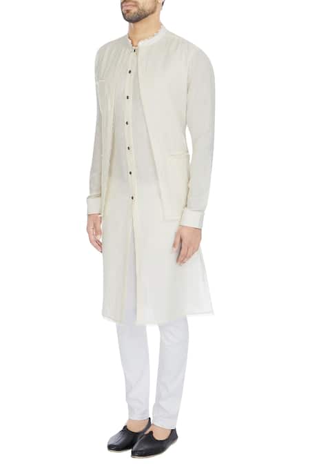 Buy_Khanijo_White Linen Solid Jacket Layered Kurta  _Online_at_Aza_Fashions