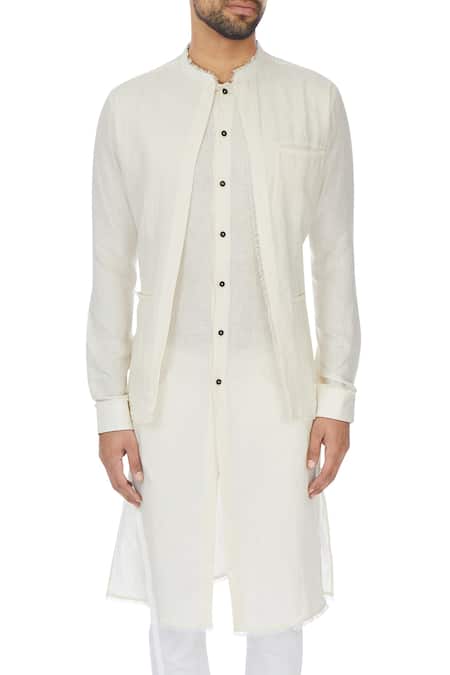Khanijo_White Linen Solid Jacket Layered Kurta  _at_Aza_Fashions
