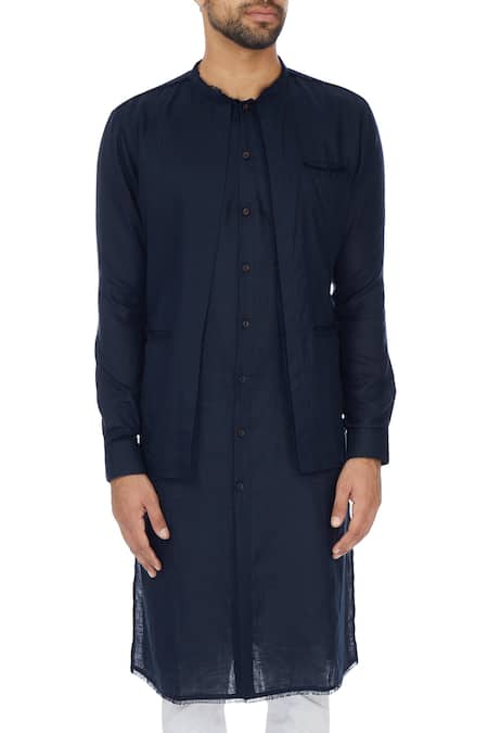 Khanijo_Blue Linen Solid Jacket Layered Kurta  _at_Aza_Fashions