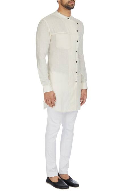 Khanijo White Linen Solid Cross Over Wrap Kurta Online at Aza Fashions Khanijo_White Linen Solid Cross Over Wrap Kurta _Online_at_Aza_Fashions