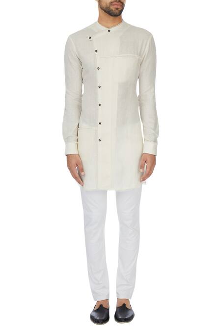 Shop Khanijo White Linen Solid Cross Over Wrap Kurta Online at Aza Fashions Shop_Khanijo_White Linen Solid Cross Over Wrap Kurta _Online_at_Aza_Fashions