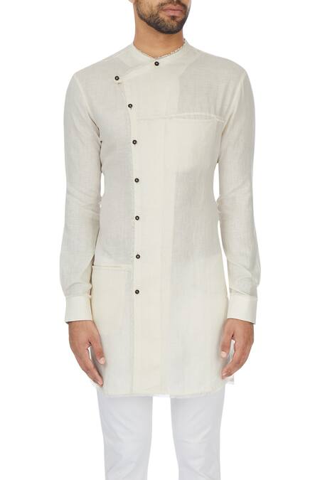 Khanijo White Linen Solid Cross Over Wrap Kurta at Aza Fashions Khanijo_White Linen Solid Cross Over Wrap Kurta _at_Aza_Fashions