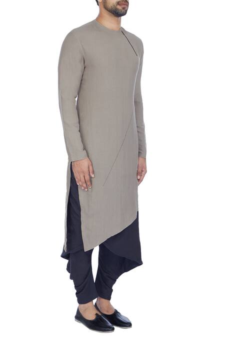 Antar Agni_Grey Linen Blend Asymmetric Kurta _Online_at_Aza_Fashions