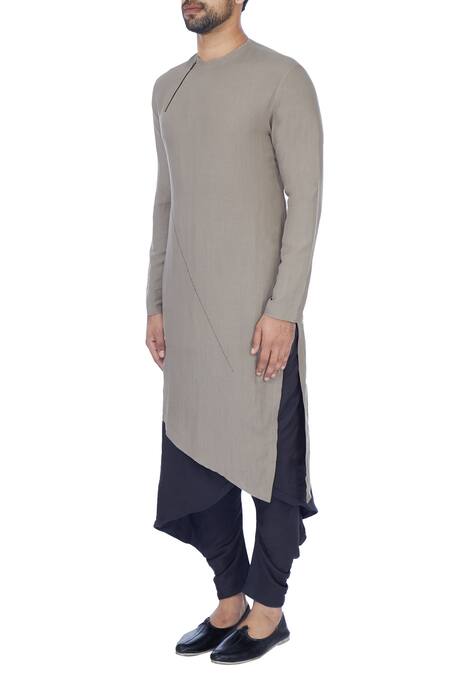 Buy_Antar Agni_Grey Linen Blend Asymmetric Kurta _Online_at_Aza_Fashions
