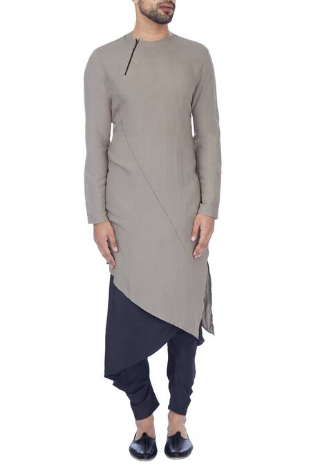 Shop_Antar Agni_Grey Linen Blend Asymmetric Kurta _Online_at_Aza_Fashions