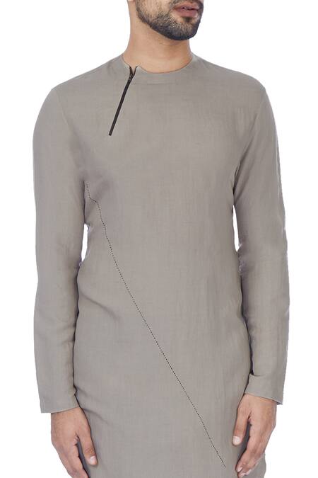 Antar Agni_Grey Linen Blend Asymmetric Kurta _at_Aza_Fashions