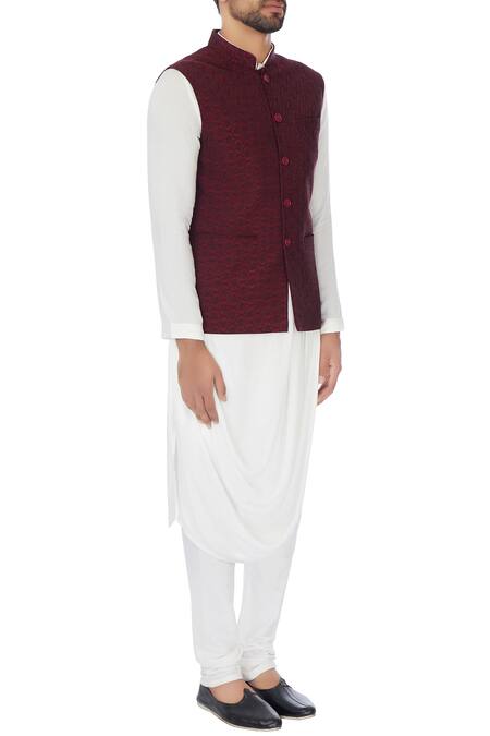 Mehraab_Maroon Linen Textured Nehru Jacket _Online_at_Aza_Fashions