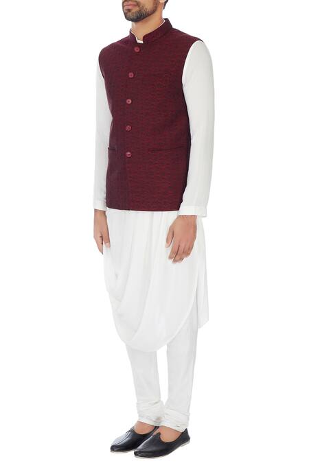 Buy_Mehraab_Maroon Linen Textured Nehru Jacket _Online_at_Aza_Fashions