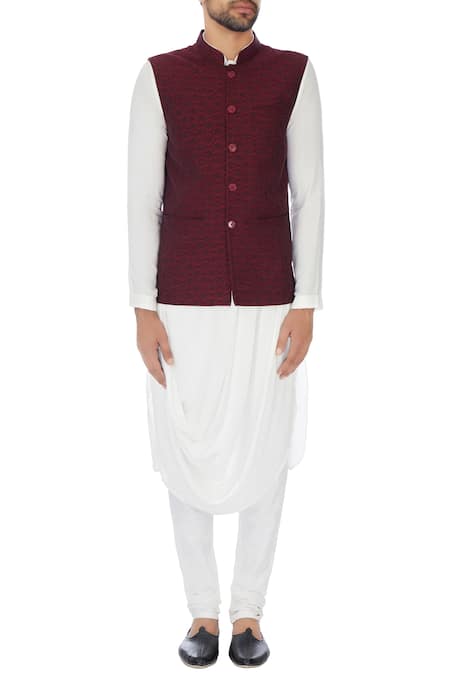 Shop_Mehraab_Maroon Linen Textured Nehru Jacket _Online_at_Aza_Fashions
