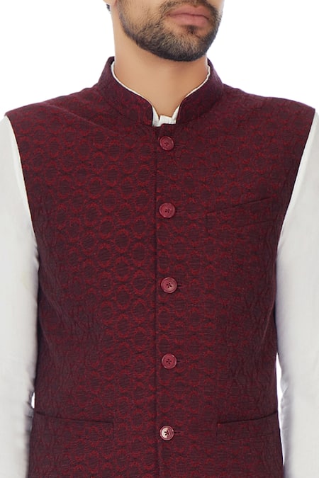 Mehraab_Maroon Linen Textured Nehru Jacket _at_Aza_Fashions