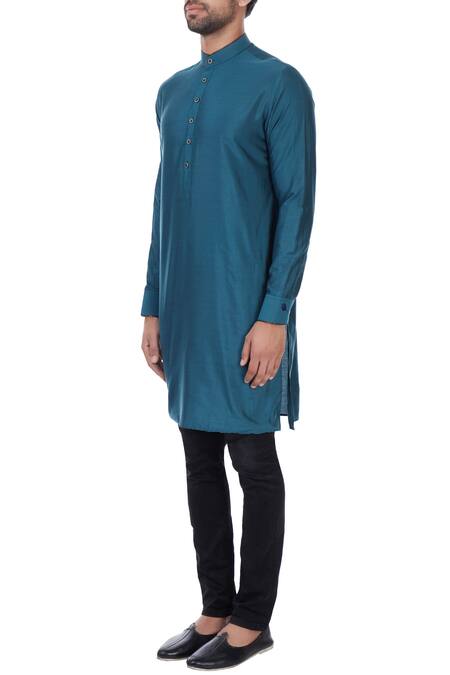 Buy_Vavci_Blue Cotton Silk Solid Kurta_Online_at_Aza_Fashions