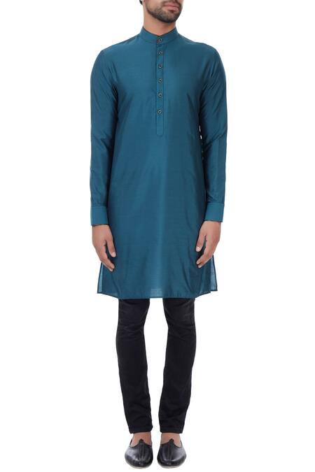 Shop_Vavci_Blue Cotton Silk Solid Kurta_Online_at_Aza_Fashions