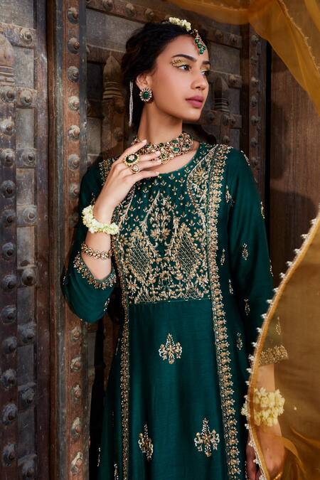 Buy_Kritika Dawar_Teal Silk, Tissue, Organza Pearls, Zari Round Neck A-line Embroidered Kurta Set _Online_at_Aza_Fashions