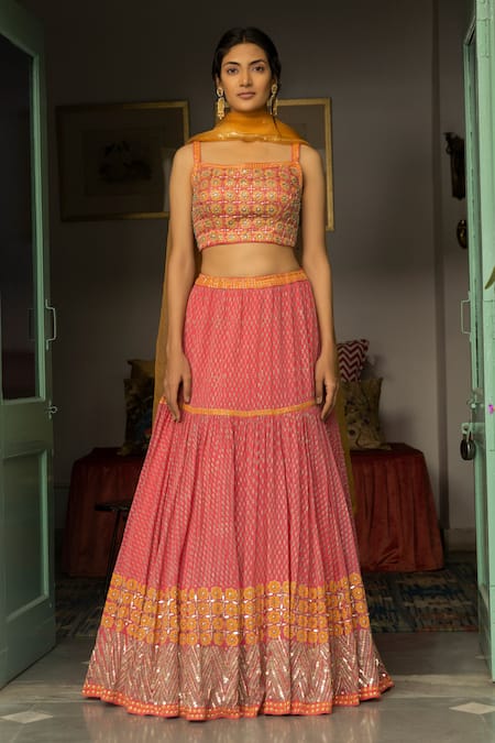 Surbhi Gupta_Pink Organza, Georgette, Cotton Silk Square Neck Printed Lehenga Set _Online_at_Aza_Fashions