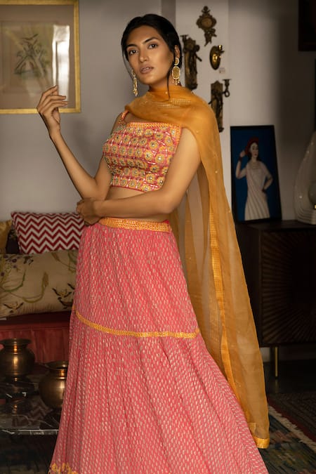 Buy_Surbhi Gupta_Pink Organza, Georgette, Cotton Silk Square Neck Printed Lehenga Set _Online_at_Aza_Fashions