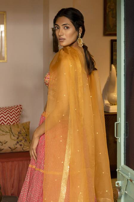 Shop_Surbhi Gupta_Pink Organza, Georgette, Cotton Silk Square Neck Printed Lehenga Set _Online_at_Aza_Fashions