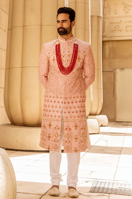 Soniya G Pink Raw Silk Embroidered Sherwani Set
