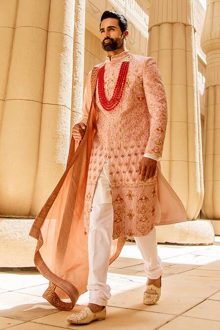 Shop_Soniya G_Pink Raw Silk Embroidered Sherwani Set _at_Aza_Fashions