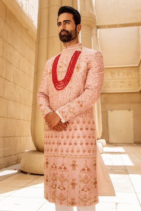 Buy_Soniya G_Pink Raw Silk Embroidered Sherwani Set _Online_at_Aza_Fashions