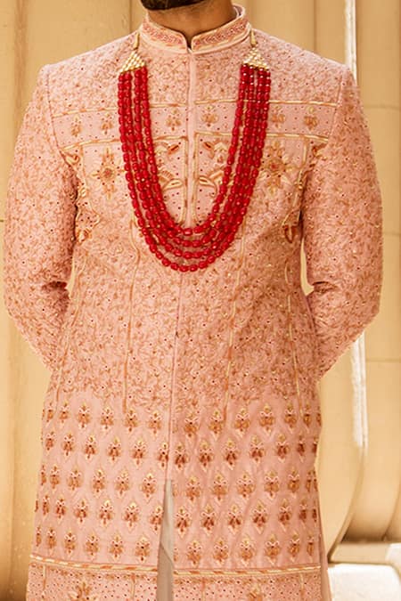 Shop_Soniya G_Pink Raw Silk Embroidered Sherwani Set _Online_at_Aza_Fashions