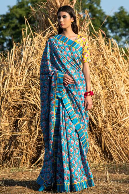 Buy_Rang Swati Vijaivargie_Blue Silk Chanderi Printed Saree With Blouse_Online_at_Aza_Fashions