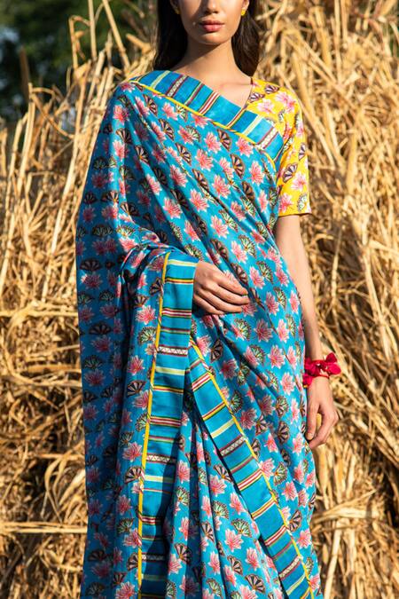 Shop_Rang Swati Vijaivargie_Blue Silk Chanderi Printed Saree With Blouse_Online_at_Aza_Fashions