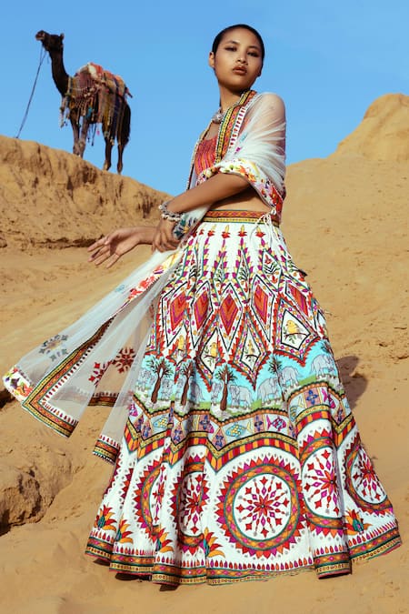 Karishma Khanduja Bareilly Multi Color Net, Chanderi Scoop Neck Embroidered Lehenga Set 