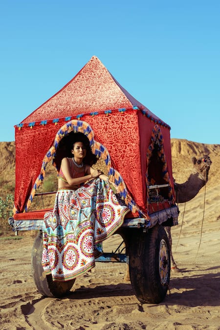 Shop Karishma Khanduja Bareilly Multi Color Net, Chanderi Scoop Neck Embroidered Lehenga Set at Aza Fashions Shop_Karishma Khanduja Bareilly_Multi Color Net, Chanderi Scoop Neck Embroidered Lehenga Set _at_Aza_Fashions