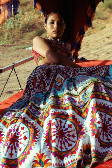 Karishma Khanduja Bareilly Multi Color Net, Chanderi Scoop Neck Embroidered Lehenga Set Online at Aza Fashions Karishma Khanduja Bareilly_Multi Color Net, Chanderi Scoop Neck Embroidered Lehenga Set _Online_at_Aza_Fashions