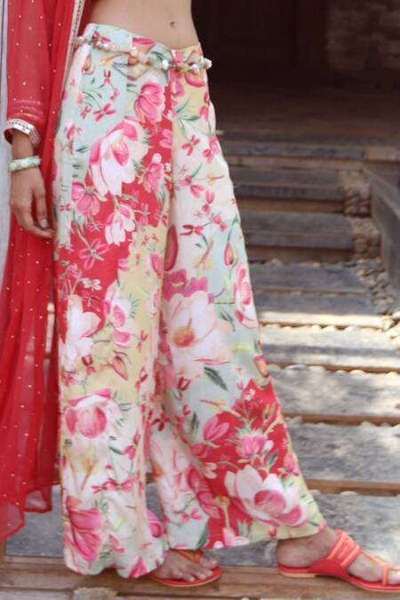 Gopi Vaid_Red Cotton Silk Jacket Chiffon V Neck Embellished And Pant Set _Online_at_Aza_Fashions
