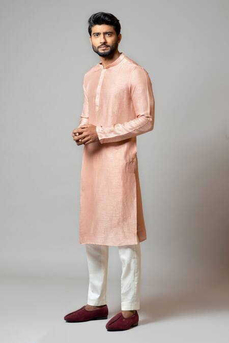 PAARSH_Pink Kurta Bamberg Silk Pajama Pant Malai Cotton Set _Online_at_Aza_Fashions
