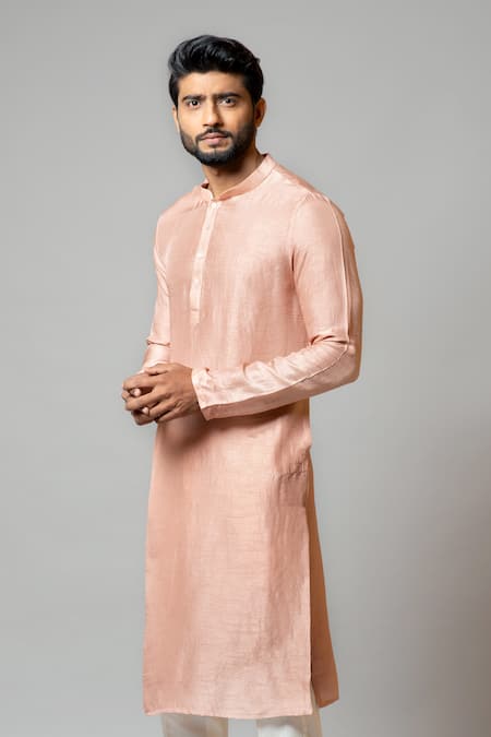 Buy_PAARSH_Pink Kurta Bamberg Silk Pajama Pant Malai Cotton Set _Online_at_Aza_Fashions