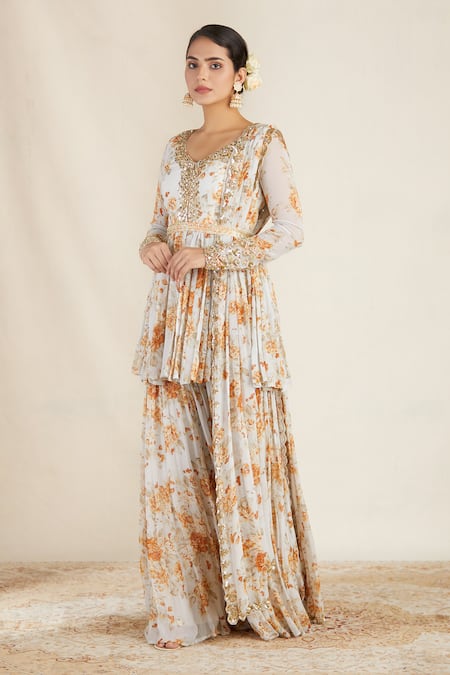Shop Astha Narang White Organza, Crepe, Chiffon V Neck Floral Print Kurta Sharara Set at Aza Fashions Shop_Astha Narang_White Organza, Crepe, Chiffon V Neck Floral Print Kurta Sharara Set _at_Aza_Fashions