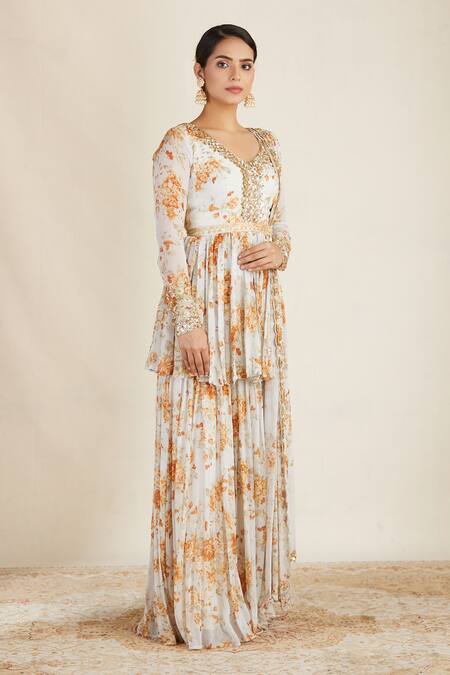 Astha Narang White Organza, Crepe, Chiffon V Neck Floral Print Kurta Sharara Set Online at Aza Fashions Astha Narang_White Organza, Crepe, Chiffon V Neck Floral Print Kurta Sharara Set _Online_at_Aza_Fashions