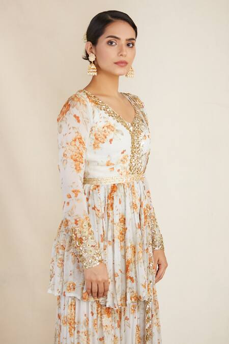 Buy Astha Narang White Organza, Crepe, Chiffon V Neck Floral Print Kurta Sharara Set Online at Aza Fashions Buy_Astha Narang_White Organza, Crepe, Chiffon V Neck Floral Print Kurta Sharara Set _Online_at_Aza_Fashions