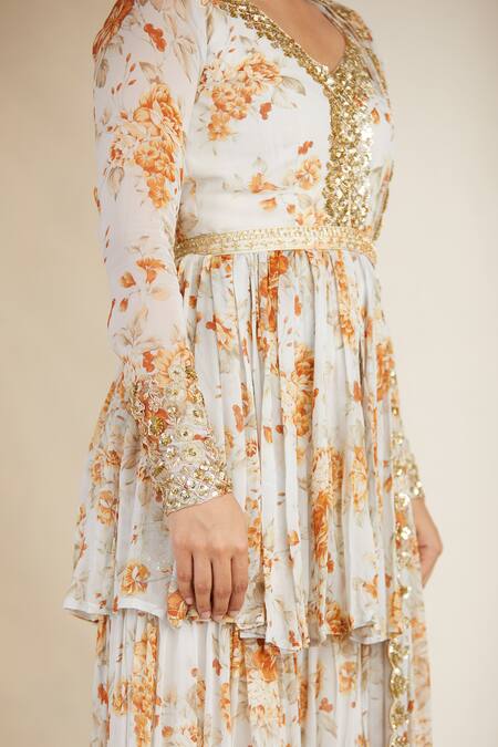 Astha Narang White Organza, Crepe, Chiffon V Neck Floral Print Kurta Sharara Set at Aza Fashions Astha Narang_White Organza, Crepe, Chiffon V Neck Floral Print Kurta Sharara Set _at_Aza_Fashions