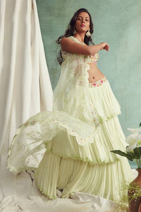 Priyanka Jain_Green Cape Organza, Lehenga Georgette Chanderi V Neck And Set _Online_at_Aza_Fashions