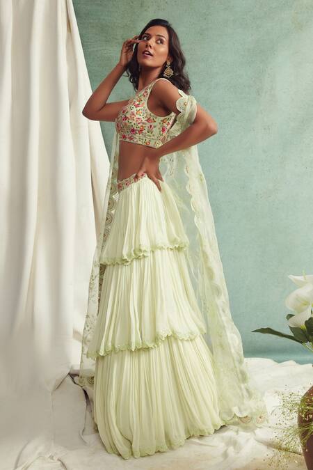 Buy_Priyanka Jain_Green Cape Organza, Lehenga Georgette Chanderi V Neck And Set _Online_at_Aza_Fashions